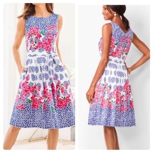 Talbots MOSAIC FLORAL SATEEN FIT & FLARE DRESS pleated rose blue white ties bow